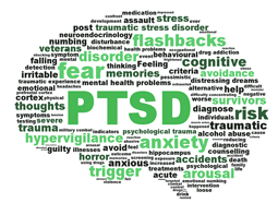 This image has the outline of a brain and inside it says a number of words, such as PTSD, anxiety, fear, disorder, flashbacks, trigger, hypervigilance, and cognitive.